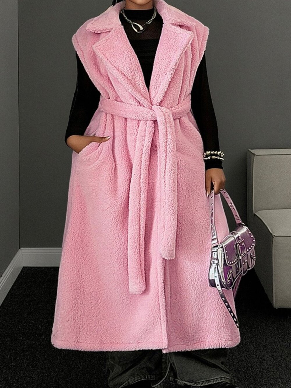 Pink Casual Women's Belted Fuzzy Sleeveless Long Vest Jacket